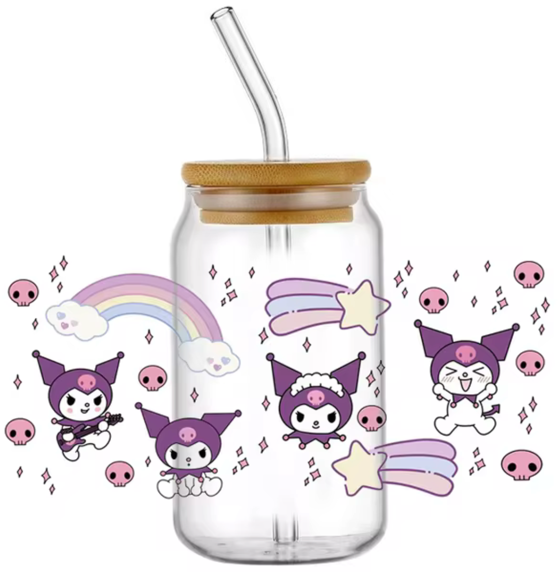 KUROMI HELLO KITTY RAINBOW STAR GLASS JAR TUMBLER CUP WITH LID, STRAW AND BRUSH