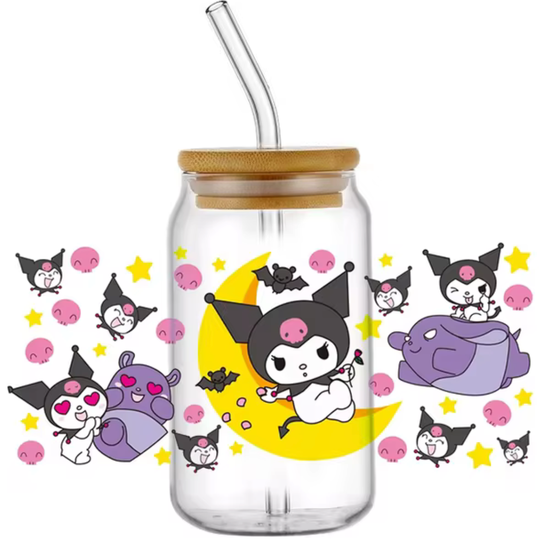 KUROMI BAKU MOON GLASS JAR TUMBLER CUP WITH LID, STRAW AND BRUSH