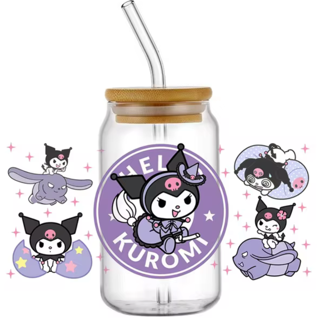 KUROMI HELLO FRIENDS GLASS JAR TUMBLER CUP WITH LID, STRAW AND BRUSH