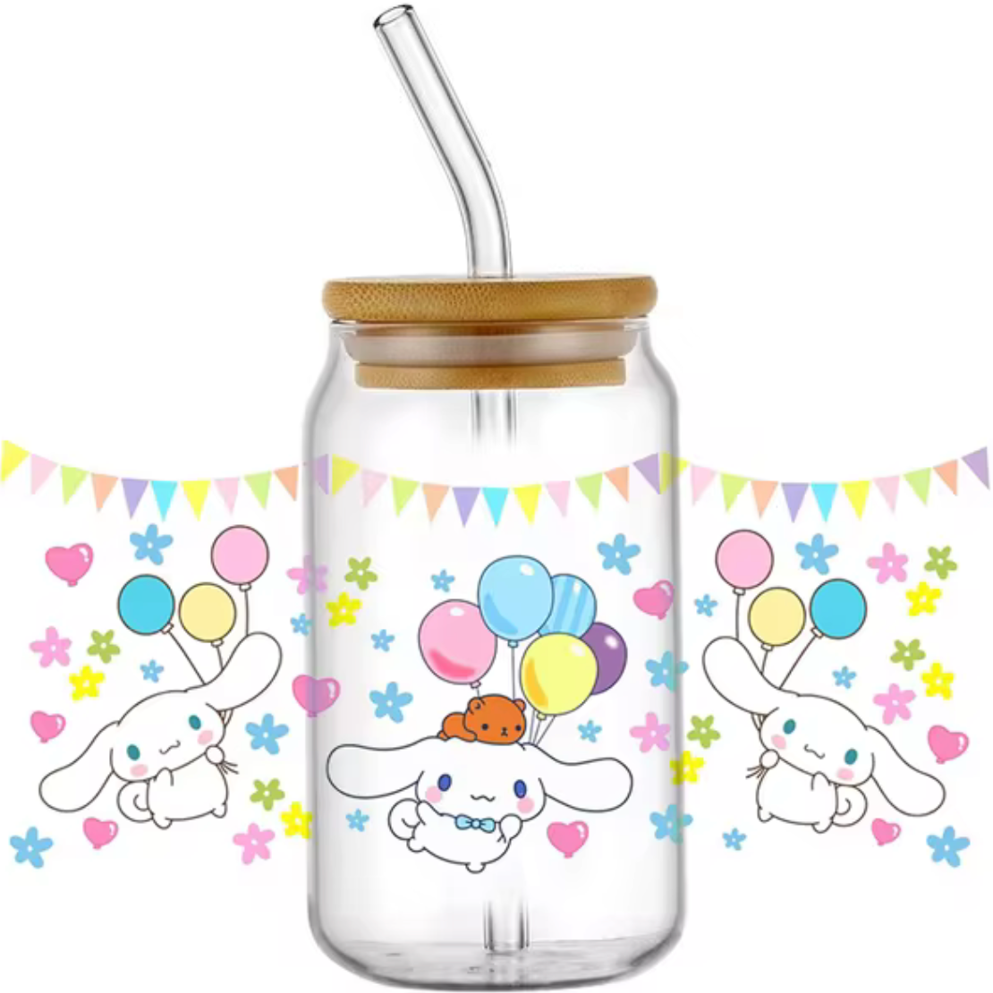 CINNAMOROLL BALLOONS GLASS JAR TUMBLER CUP WITH LID, STRAW AND BRUSH