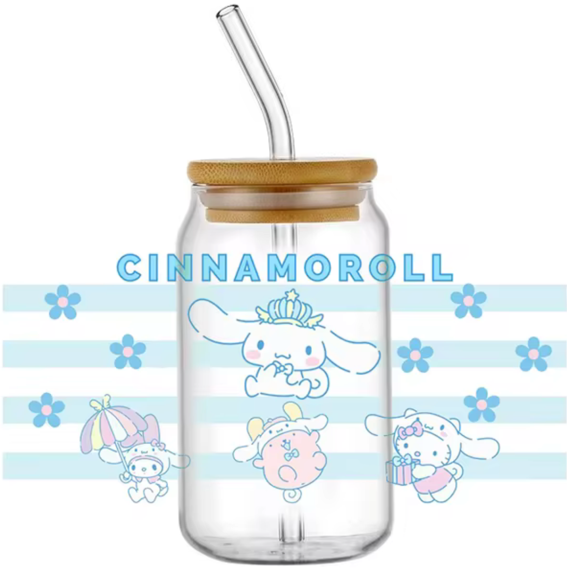 CINNAMOROLL BLUE STRIPES GLASS JAR TUMBLER CUP WITH LID, STRAW AND BRUSH