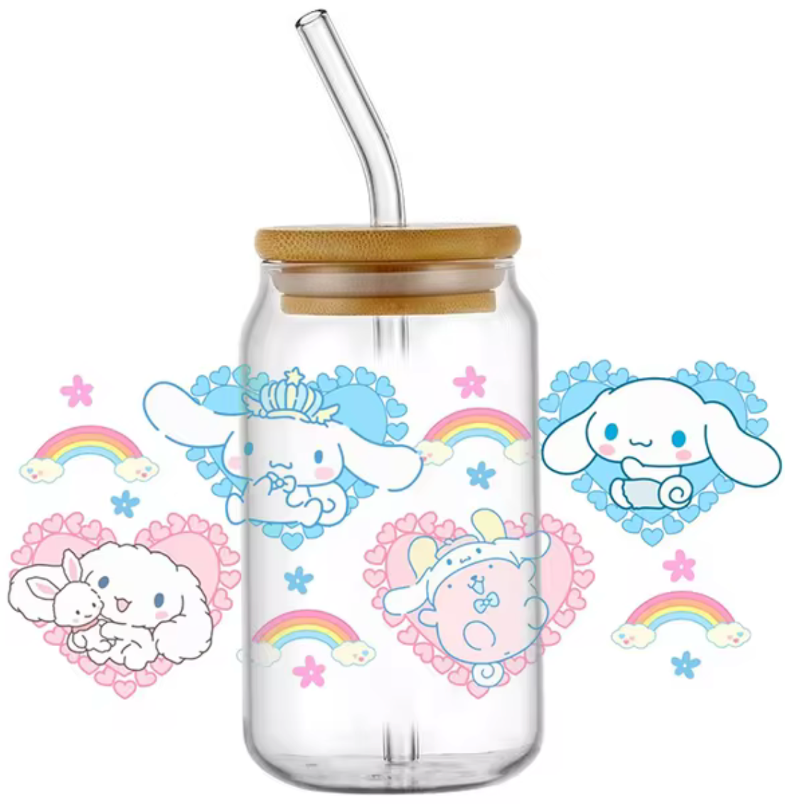 CINNAMOROLL BLUE PINK GLASS JAR TUMBLER CUP WITH LID, STRAW AND BRUSH