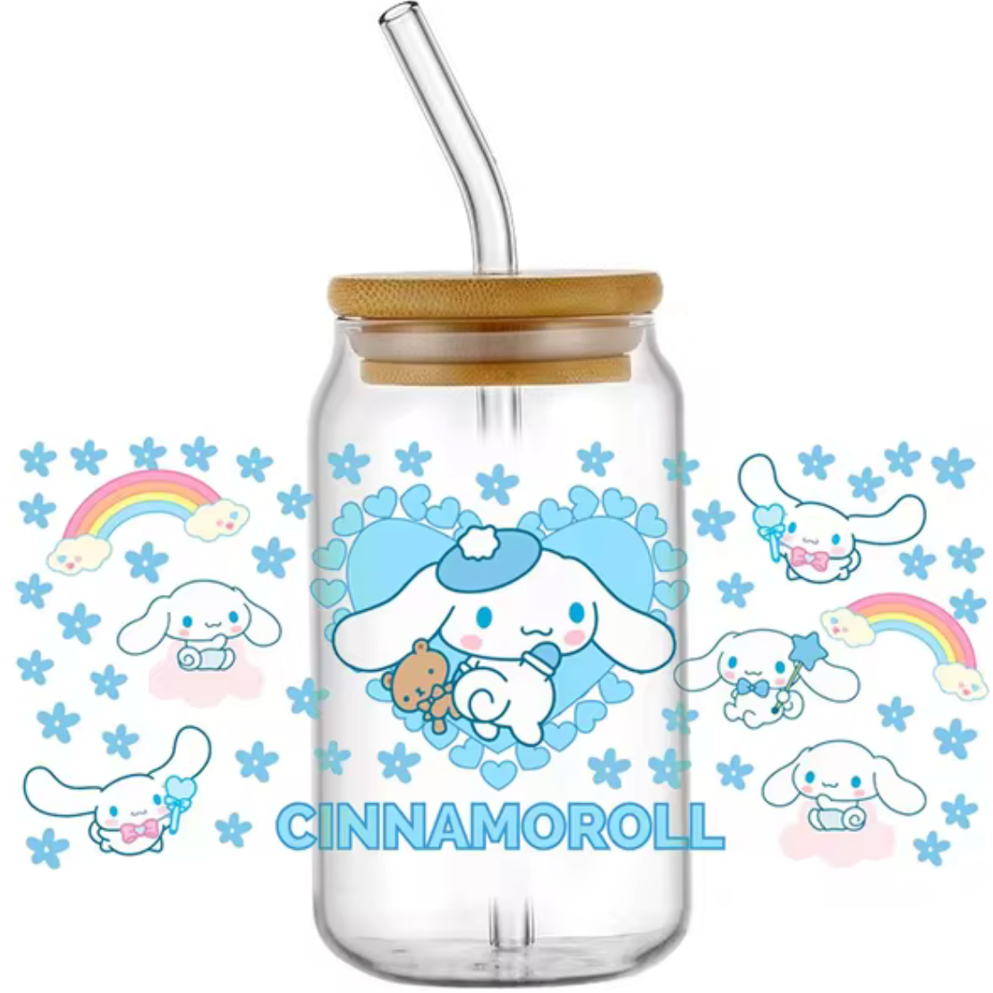 CINNAMOROLL BLUE FLOWERS GLASS JAR TUMBLER CUP WITH LID, STRAW AND BRUSH