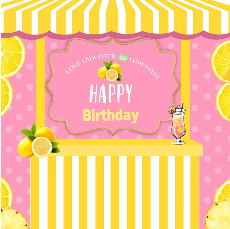 LEMONADE STAND PINK STRIPE LEMONS PERSONALISED BIRTHDAY PARTY BANNER BACKDROP