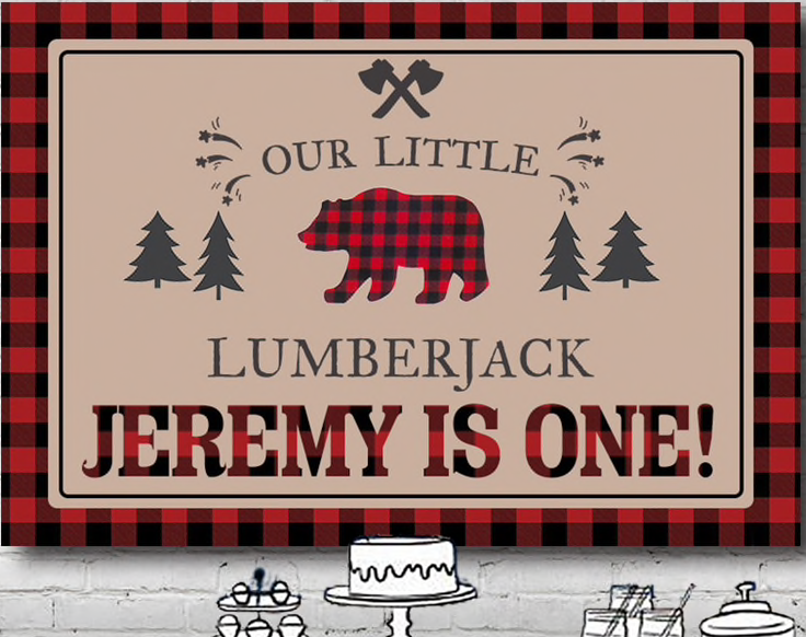 LUMBERJACK WOODS BEAR PERSONALISED BIRTHDAY PARTY BANNER BACKDROP DECORATION