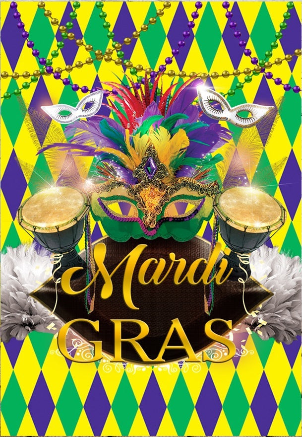 MARDI GRAS MASQUERADE YELLOW GREEN PURPLE PARTY BANNER BACKDROP DECORATION