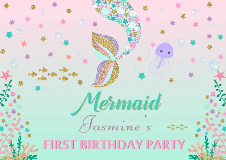 MERMAID SEA FISH TAIL PERSONALISED BIRTHDAY PARTY BANNER BACKDROP DECORATION