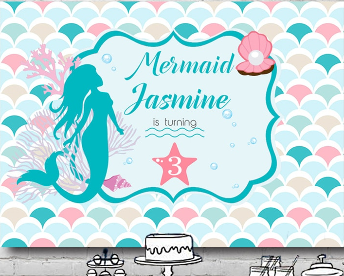 MERMAID BLUE PERSONALISED BIRTHDAY PARTY BANNER BACKDROP DECORATION