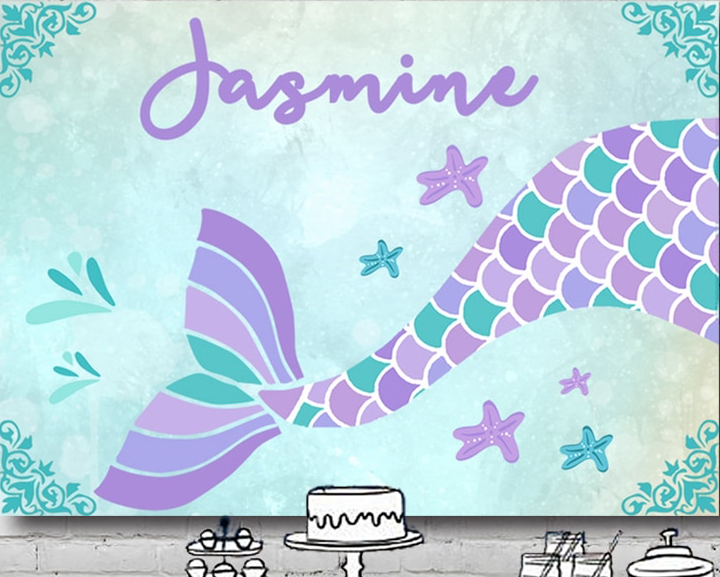 MERMAID TAIL GREEN BLUE PERSONALISED BIRTHDAY PARTY BANNER BACKDROP DECORATION