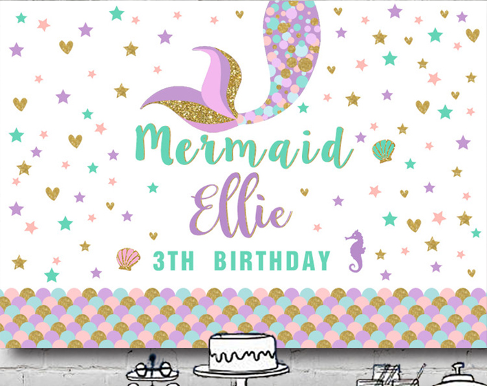 MERMAID TAIL WHITE PERSONALISED BIRTHDAY PARTY BANNER BACKDROP DECORATION