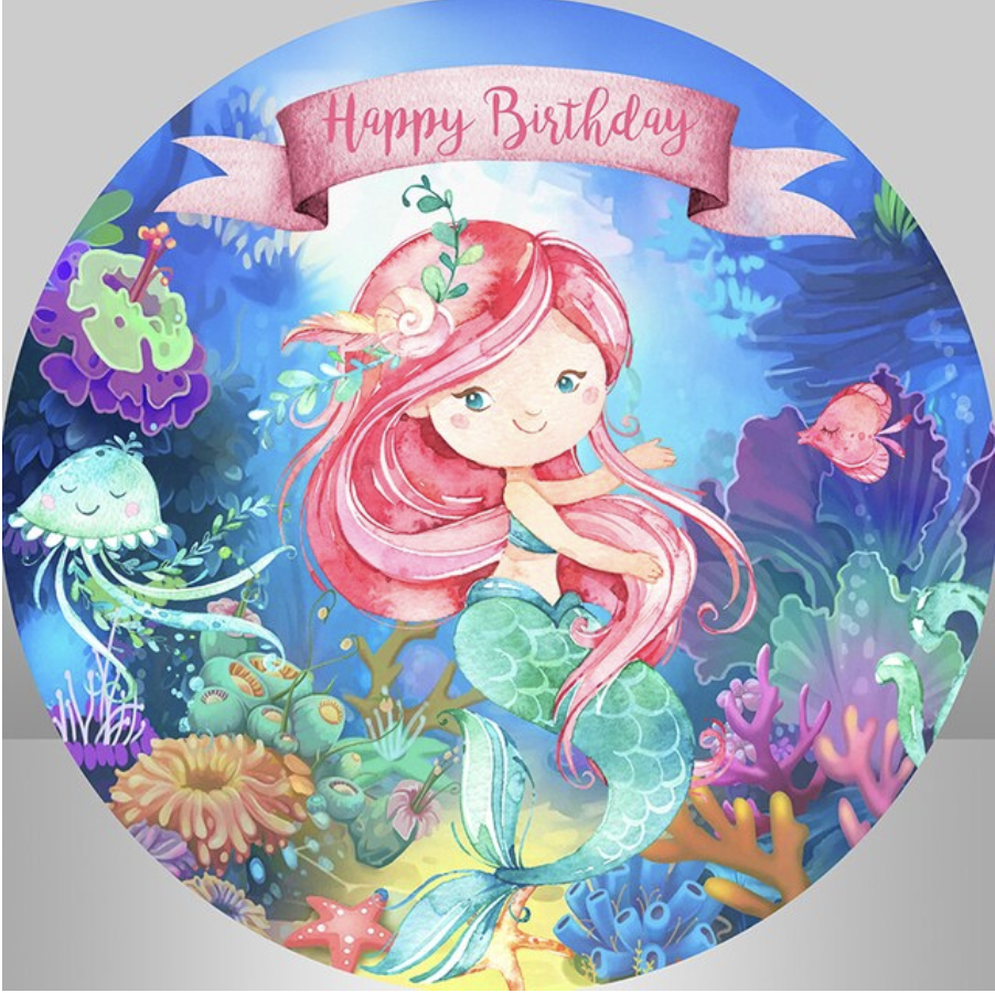 MERMAID SEA OCEAN JELLYFISH FISH SHELLS CORAL PARTY ROUND BIRTHDAY BANNER BACKDROP