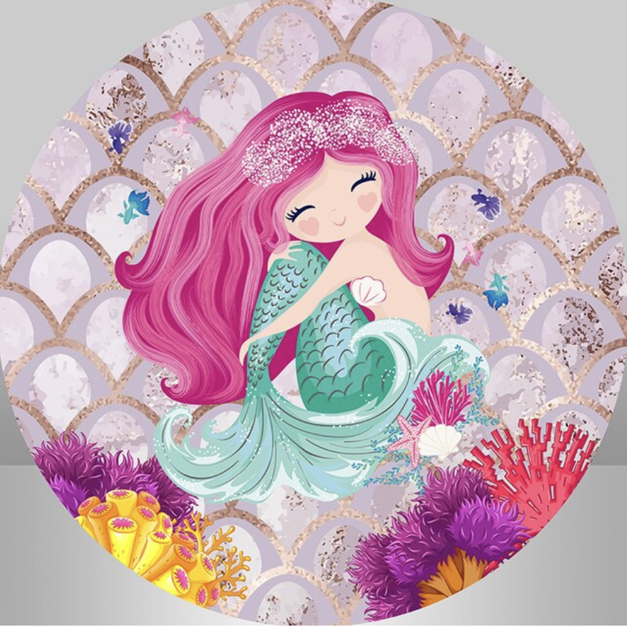 MERMAID SCALES SEA OCEAN CORAL STARFISH PARTY ROUND BIRTHDAY BANNER BACKDROP