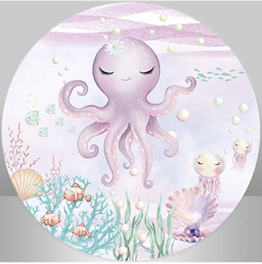 UNDER THE SEA OCTOPUS CLAM PEARL PARTY ROUND BIRTHDAY PERSONALISED BANNER BACKDROP