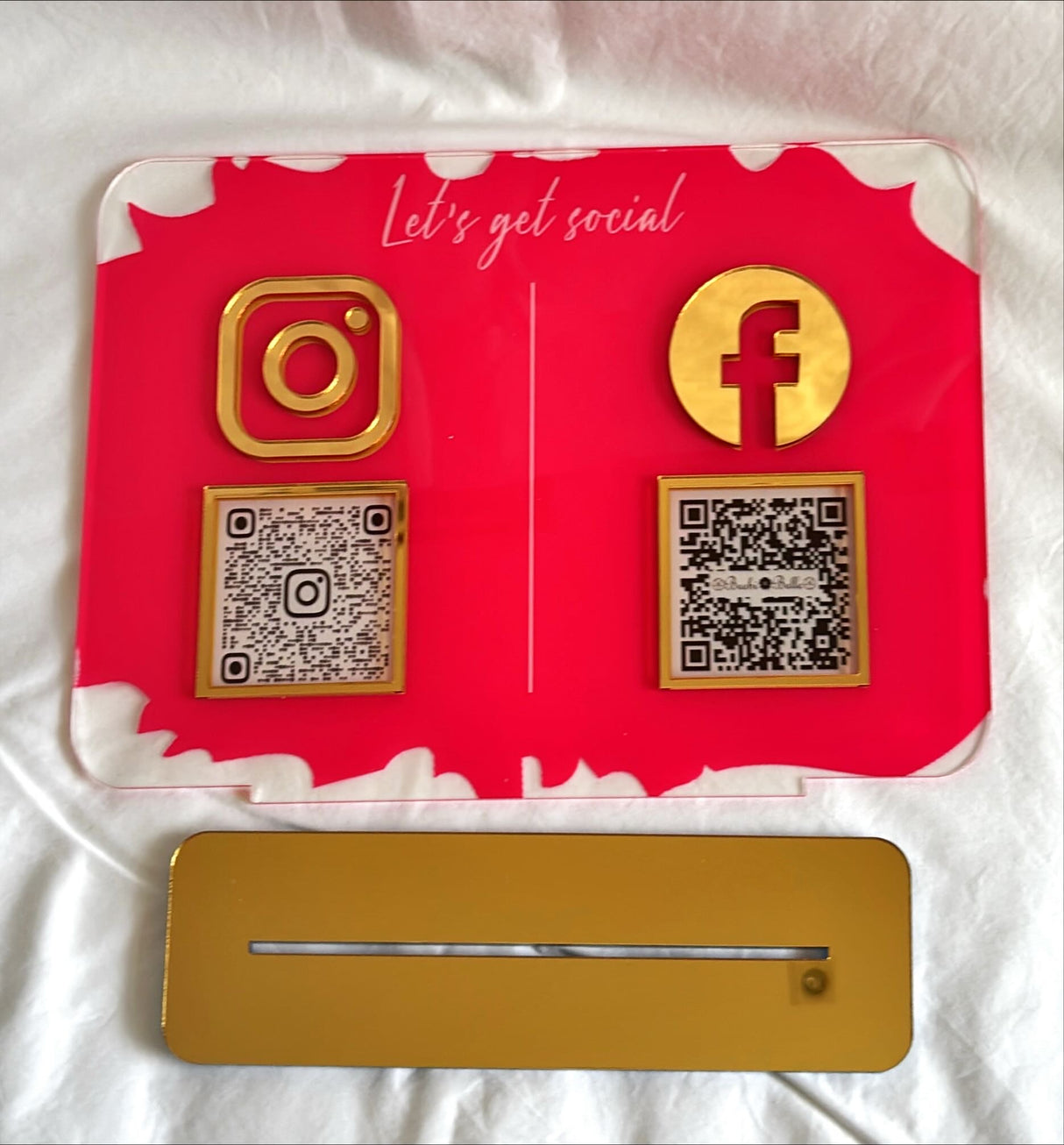 BUSINESS MULTI QR CODE SCANNING SIGN SOCIAL MEDIA BOARD PLAQUE RECTANGLE DEEP PINK GOLD