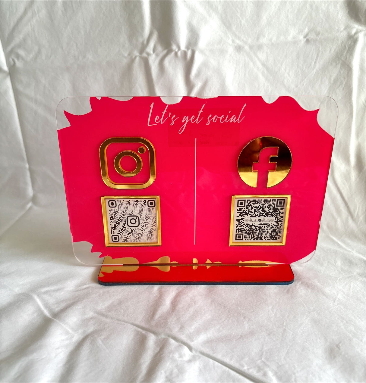 BUSINESS MULTI QR CODE SCANNING SIGN SOCIAL MEDIA BOARD PLAQUE RECTANGLE DEEP PINK GOLD