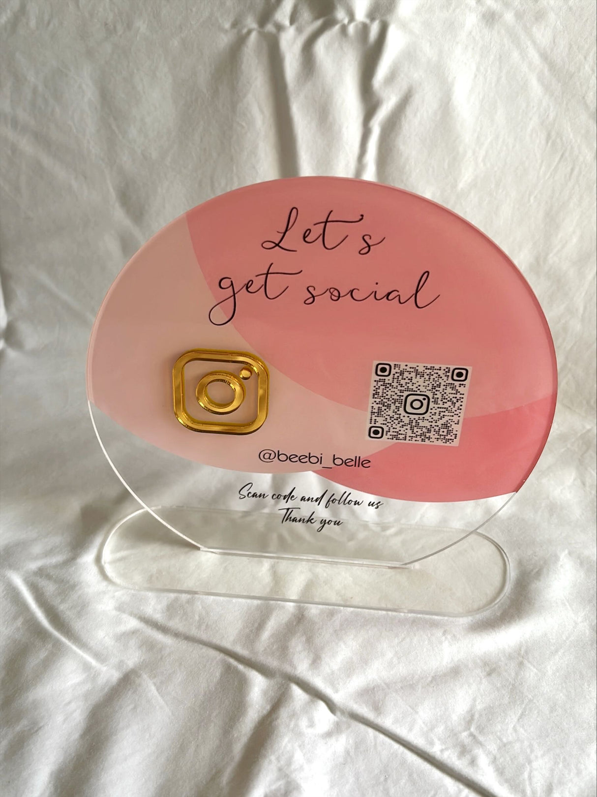 BUSINESS QR CODE SCANNING SIGN SOCIAL MEDIA BOARD PLAQUE ROUND PINK GOLD