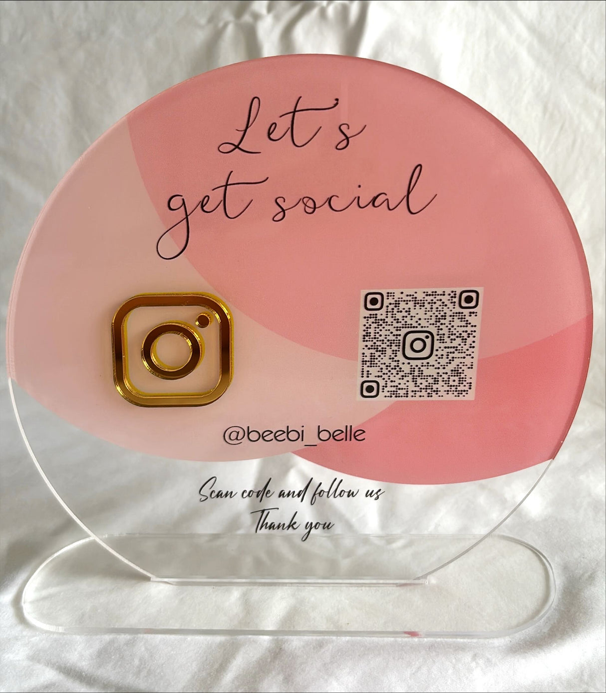 BUSINESS QR CODE SCANNING SIGN SOCIAL MEDIA BOARD PLAQUE ROUND PINK GOLD