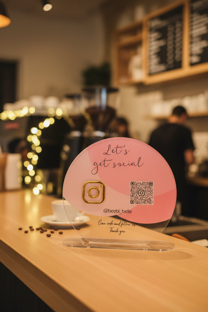 Round Pink & Gold QR Code Social Media Sign | Custom Acrylic Plaque