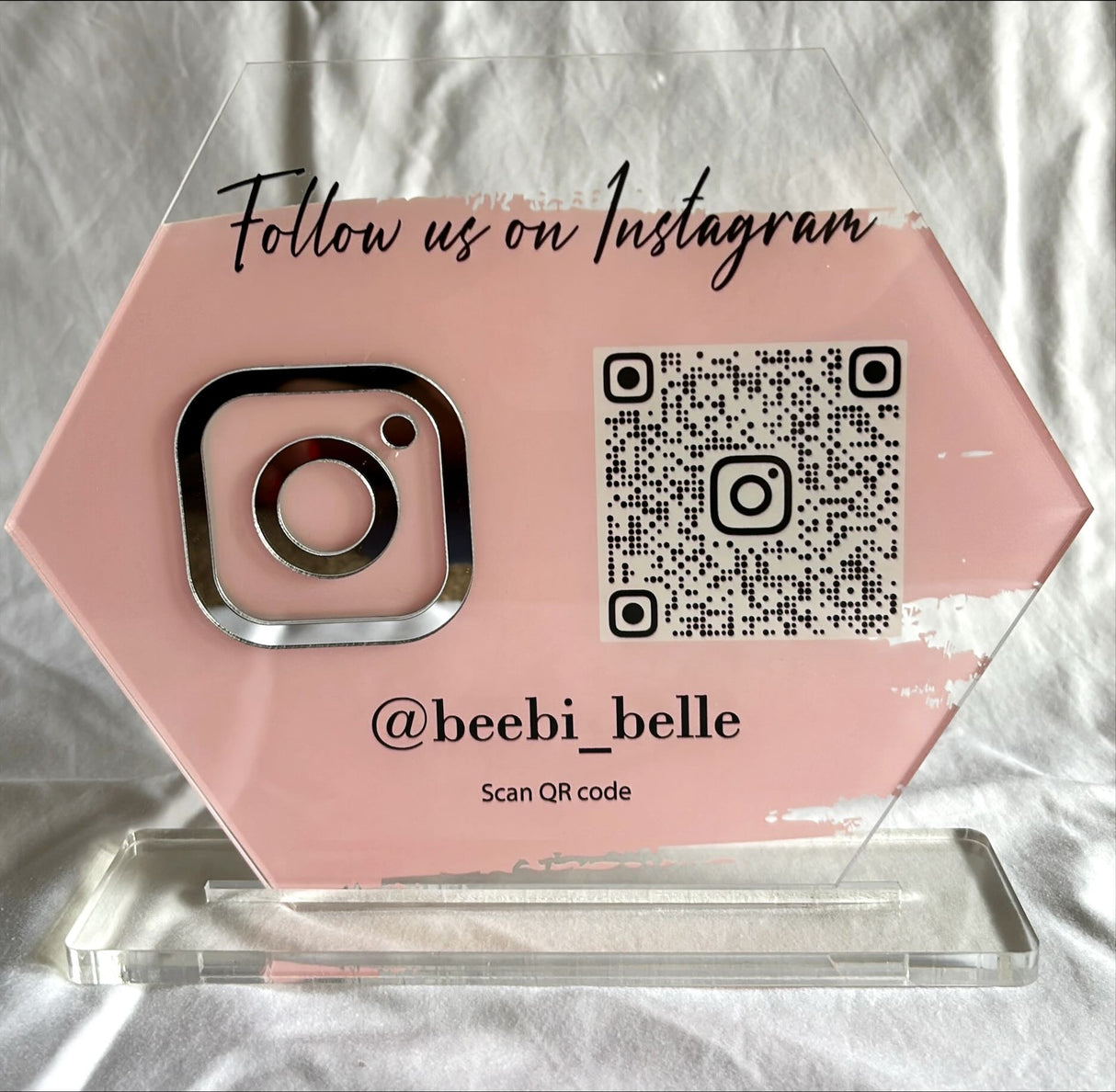 BUSINESS QR CODE SCANNING SIGN SOCIAL MEDIA BOARD PLAQUE HEXAGON BABY PINK SILVER