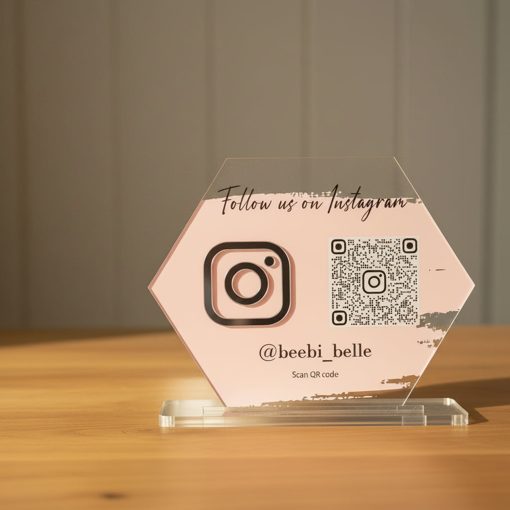 BUSINESS QR CODE SCANNING SIGN SOCIAL MEDIA BOARD PLAQUE HEXAGON BABY PINK SILVER
