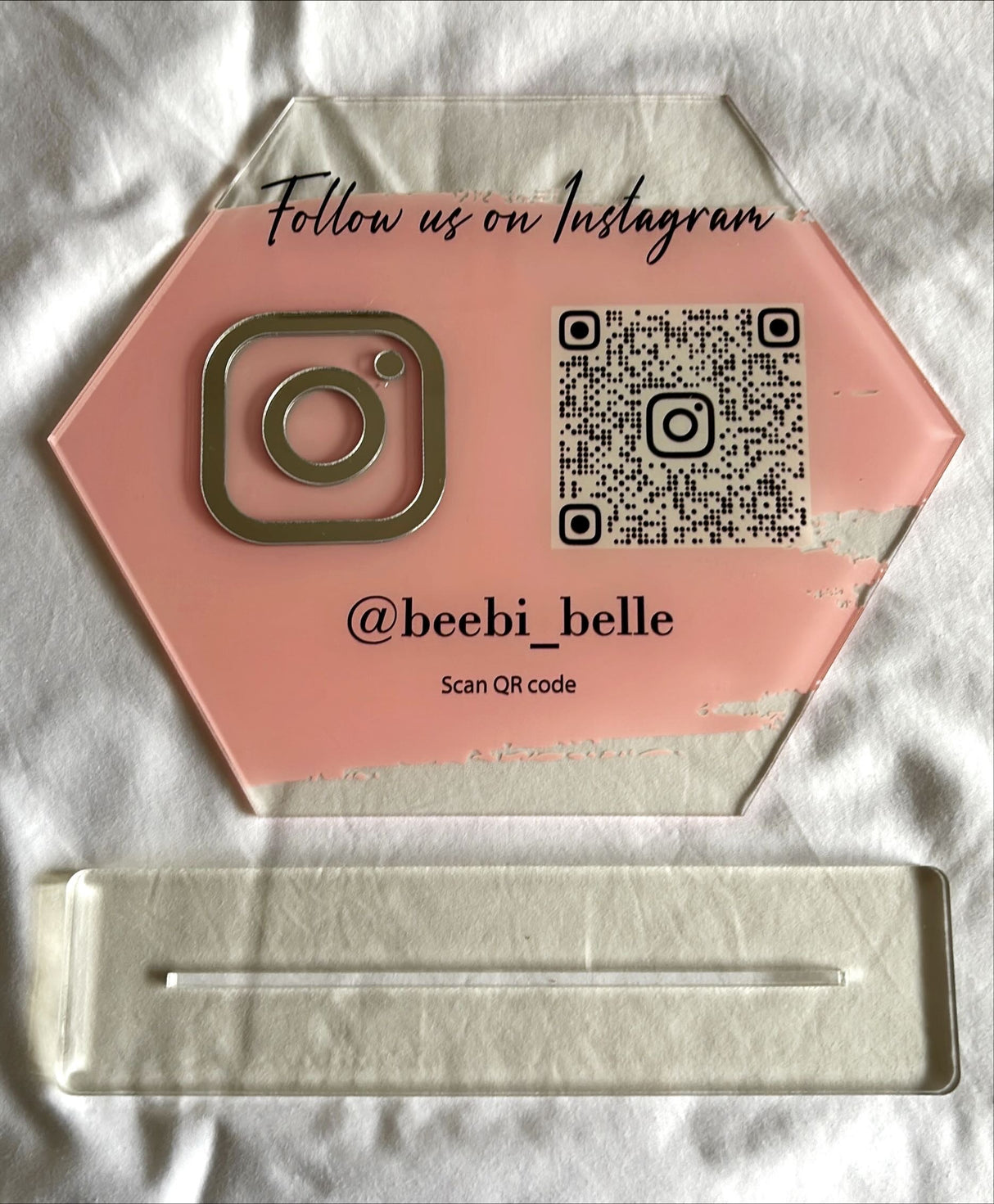 BUSINESS QR CODE SCANNING SIGN SOCIAL MEDIA BOARD PLAQUE HEXAGON BABY PINK SILVER