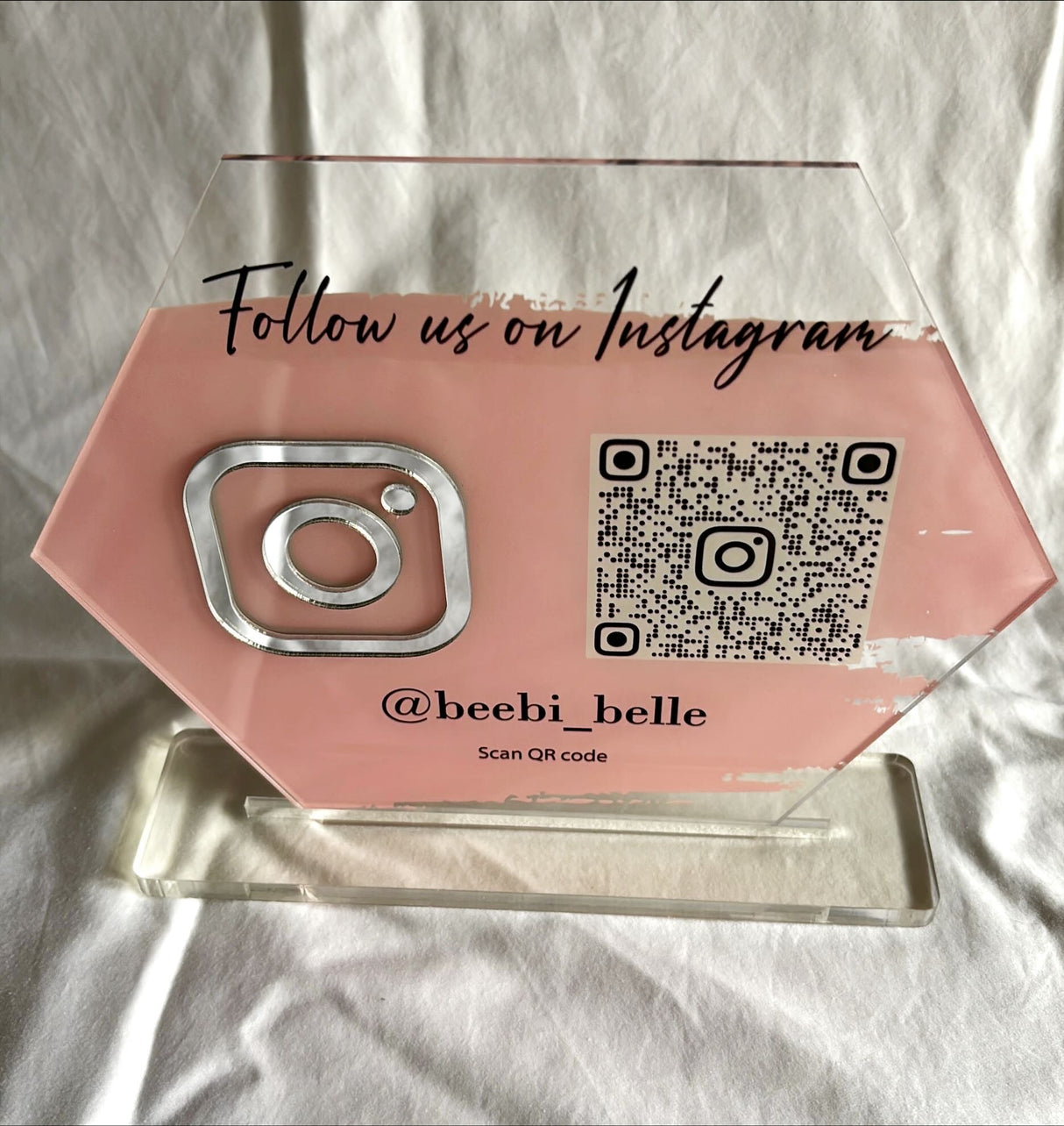 BUSINESS QR CODE SCANNING SIGN SOCIAL MEDIA BOARD PLAQUE HEXAGON BABY PINK SILVER