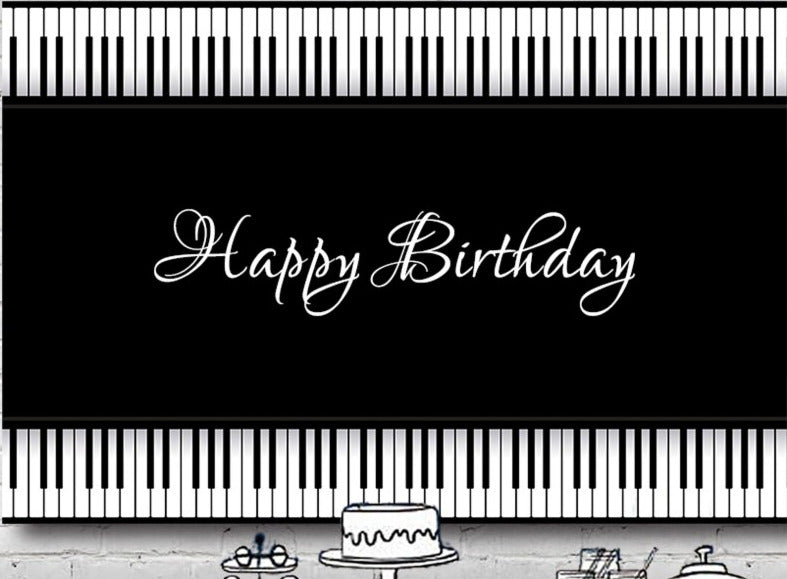 PIANO MUSIC BLACK WHITE PERSONALISED BIRTHDAY PARTY BANNER BACKDROP DECORATION