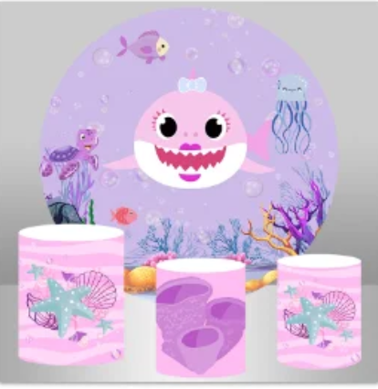 BABY SHARK OCEAN PINK PURPLE ROUND PLINTH COVERS CYLINDERS STANDS PEDESTALS