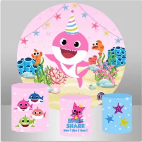 BABY SHARK PINK BIRTHDAY ROUND PLINTH COVERS PARTY CYLINDERS STANDS PEDESTALS