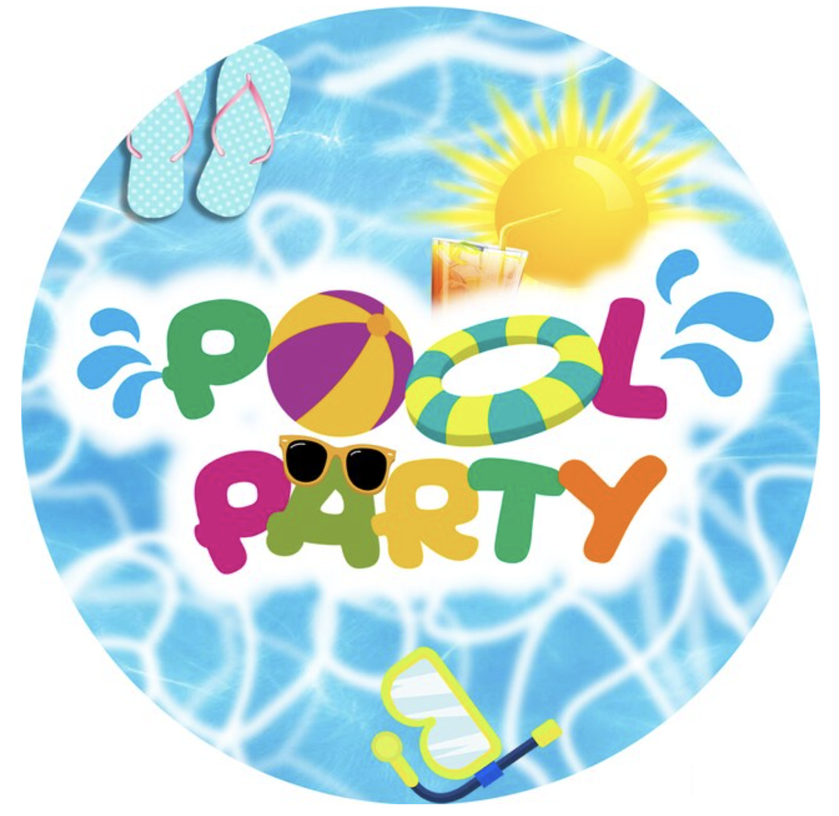 POOL PARTY SUPPLIES SUN FLOATS SURF SPLASH THONGS PARTY ROUND BIRTHDAY BANNER