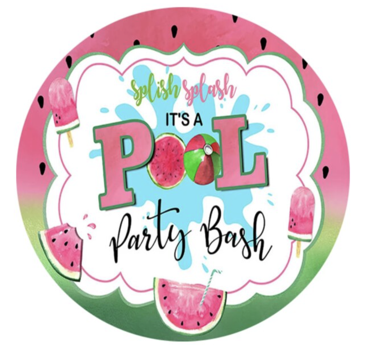 POOL PARTY SUPPLIES WATERMELON ICY POLE SPLASH ROUND BIRTHDAY BANNER BACKDROP