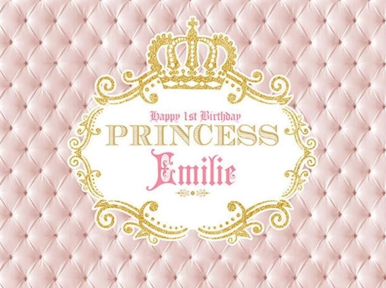 PRINCESS CROWN QUILTED FLORAL PERSONALISED BIRTHDAY PARTY BANNER BACKDROP