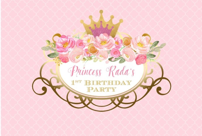 PRINCESS GOLD PINK CROWN FLOWER ROSE PERSONALISED BIRTHDAY PARTY BANNER BACKDROP