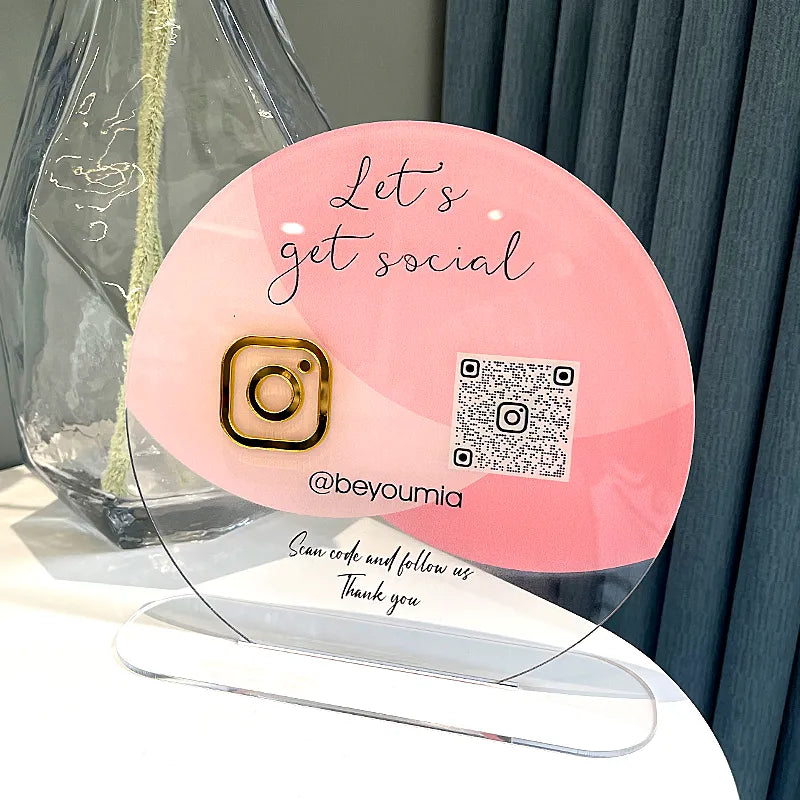 BUSINESS QR CODE SCANNING SIGN SOCIAL MEDIA BOARD PLAQUE ROUND PINK GOLD