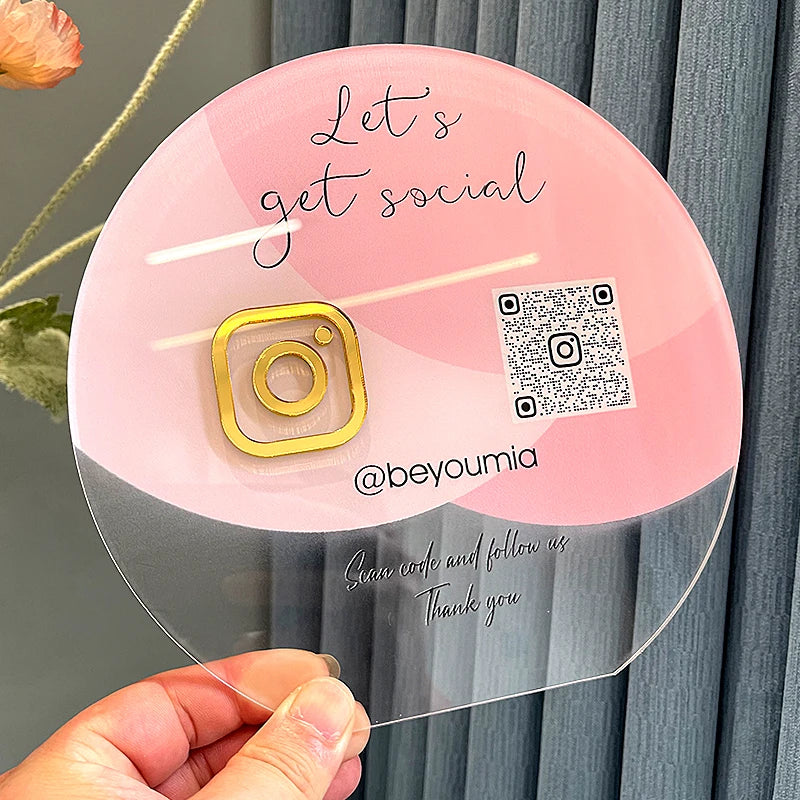 BUSINESS QR CODE SCANNING SIGN SOCIAL MEDIA BOARD PLAQUE ROUND PINK GOLD