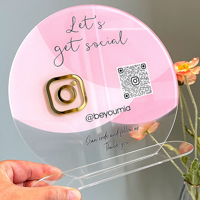 BUSINESS QR CODE SCANNING SIGN SOCIAL MEDIA BOARD PLAQUE ROUND PINK GOLD