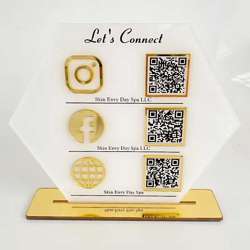 MULTI BUSINESS QR CODE SCANNING SIGN SOCIAL MEDIA BOARD PLAQUE HEXAGON GOLD