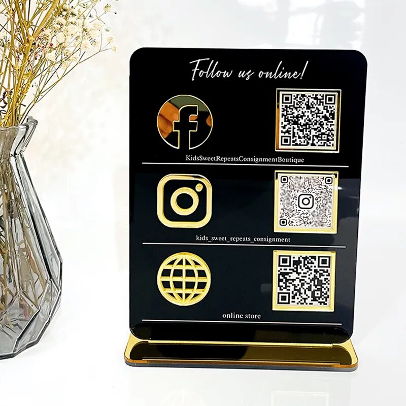 MULTI BUSINESS QR CODE SCANNING SIGN SOCIAL MEDIA BOARD PLAQUE RECTANGLE BLACK GOLD