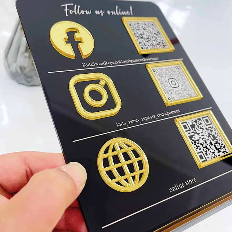 MULTI BUSINESS QR CODE SCANNING SIGN SOCIAL MEDIA BOARD PLAQUE RECTANGLE BLACK GOLD