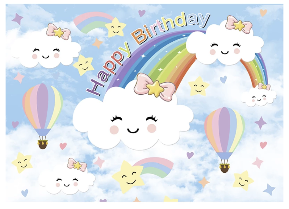 RAINBOW SKY HAPPY CLOUDS STARS AIRBALLOON BIRTHDAY PARTY BANNER DECORATION
