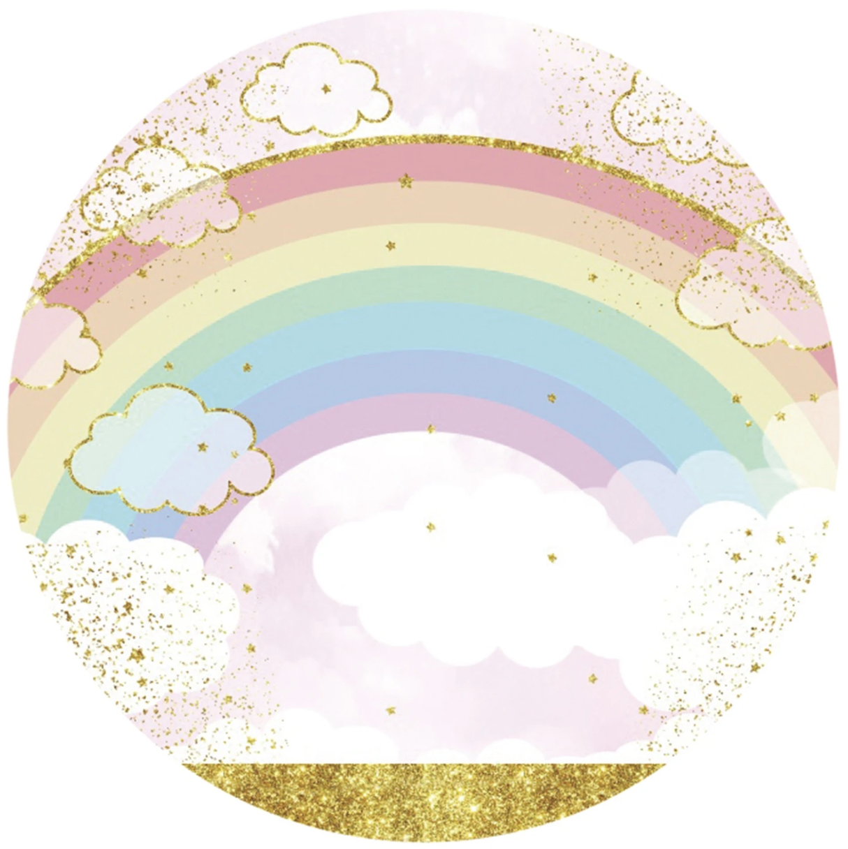 RAINBOW GOLD GLITTER SKY CLOUDS RED YELLOW BLUE GREEN PARTY ROUND BIRTHDAY BANNER