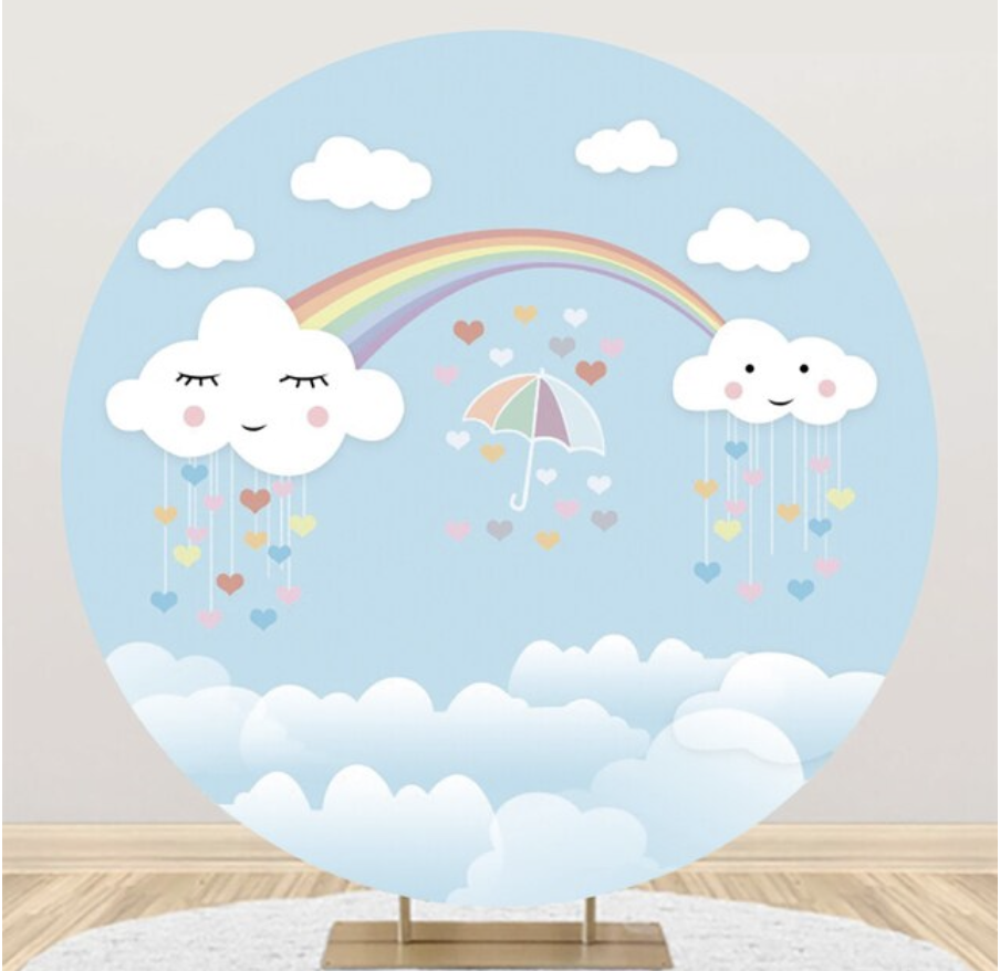 RAINBOW SKY CLOUDS UMBRELLA HEARTS PARTY ROUND BIRTHDAY BANNER BACKDROP