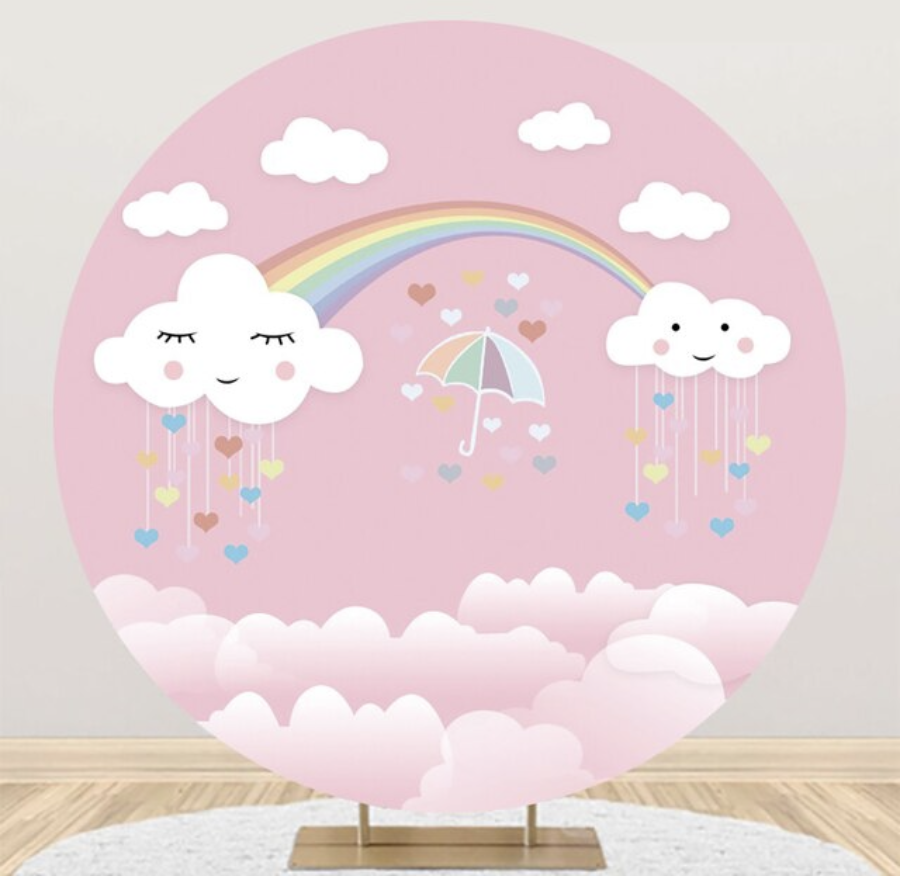 RAINBOW CLOUDS HEARTS PINK UMBRELLA PARTY ROUND BIRTHDAY PERSONALISED BANNER