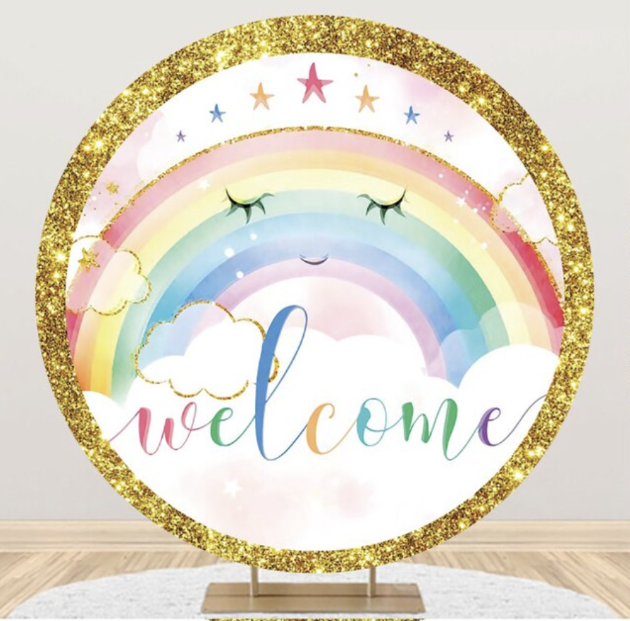 RAINBOW UNICORN STARS GOLD GLITTER PARTY ROUND BIRTHDAY PERSONALISED BANNER