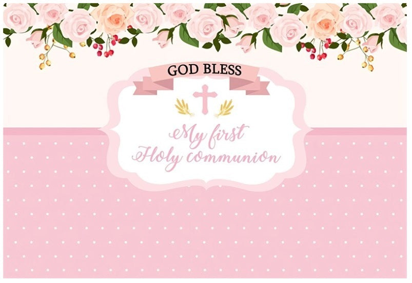 BAPTISM COMMUNION CHRISTENING FLOWERS PINK PARTY BANNER BACKDROP DECORATION