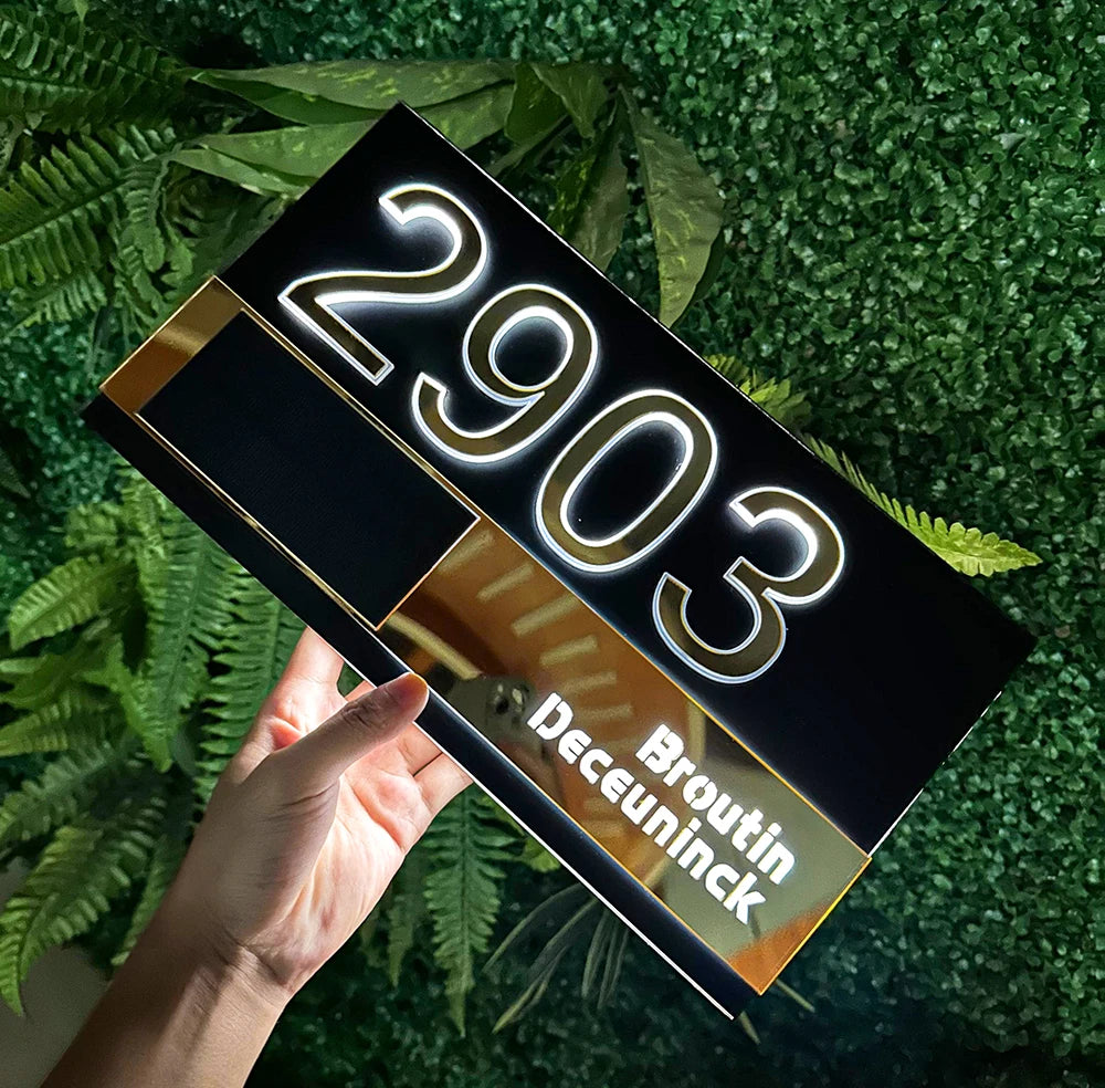 CUSTOM SOLAR LED HOUSE NUMBER SIGN ADDRESS CUSTOM ACRYLIC HORIZONTAL BACKLIT GOLD SILVER