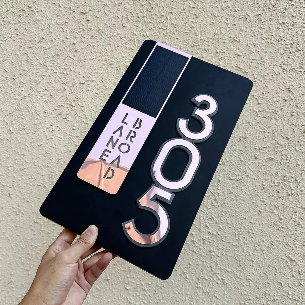 CUSTOM SOLAR LED HOUSE NUMBER SIGN ADDRESS CUSTOM ACRYLIC VERTICAL BACKLIT ROSE GOLD SILVER