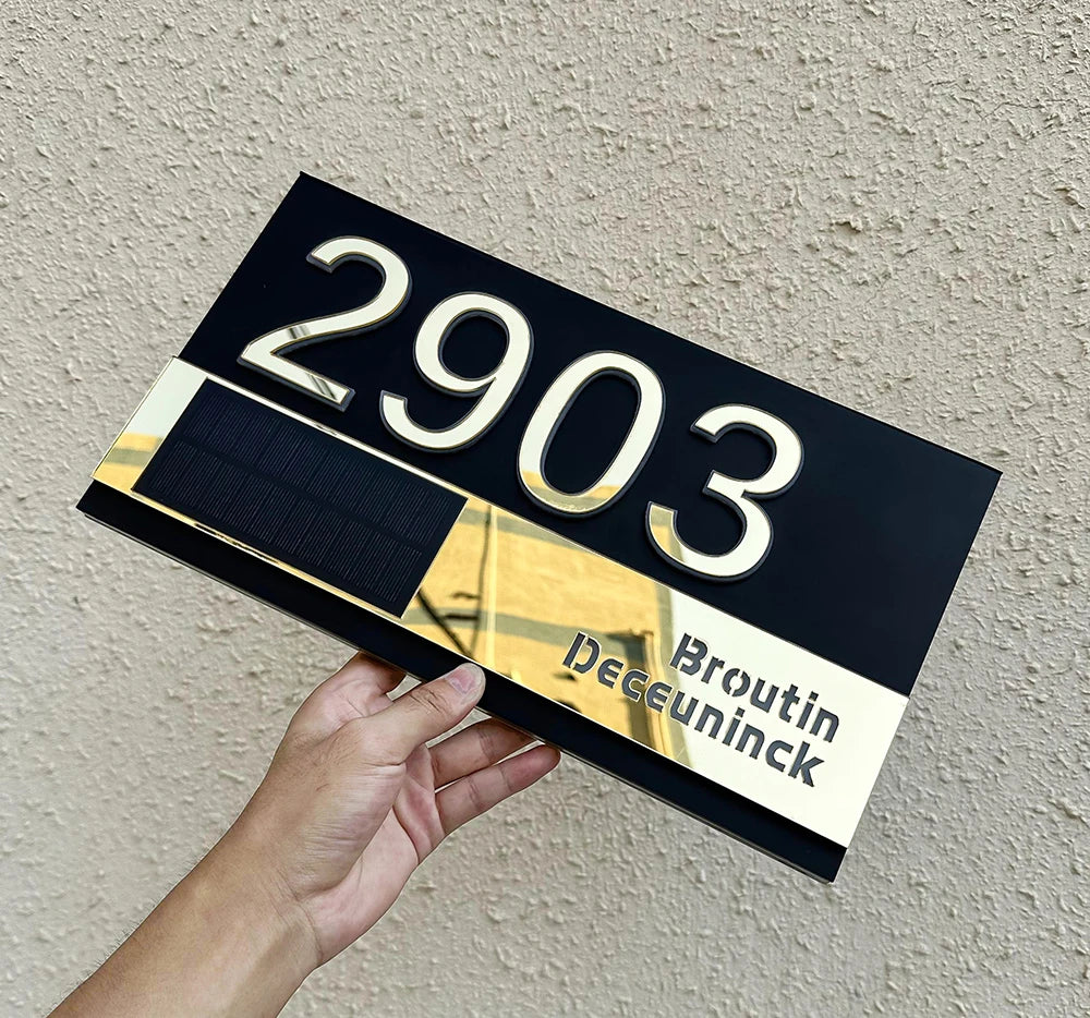 CUSTOM SOLAR LED HOUSE NUMBER SIGN ADDRESS CUSTOM ACRYLIC HORIZONTAL BACKLIT GOLD SILVER