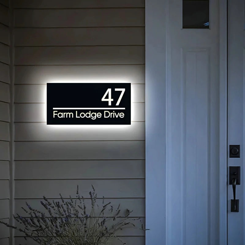 Custom LED House Number Sign | Black Stainless Steel Backlit Plaque