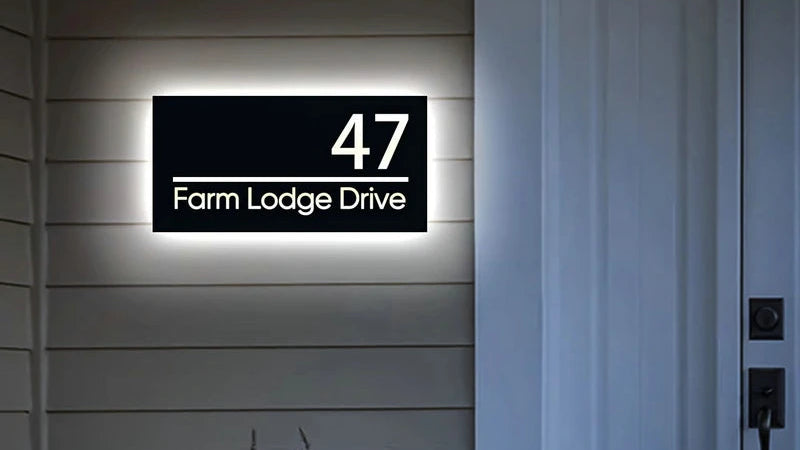Custom LED House Number Sign | Silver Stainless Steel Backlit Plaque